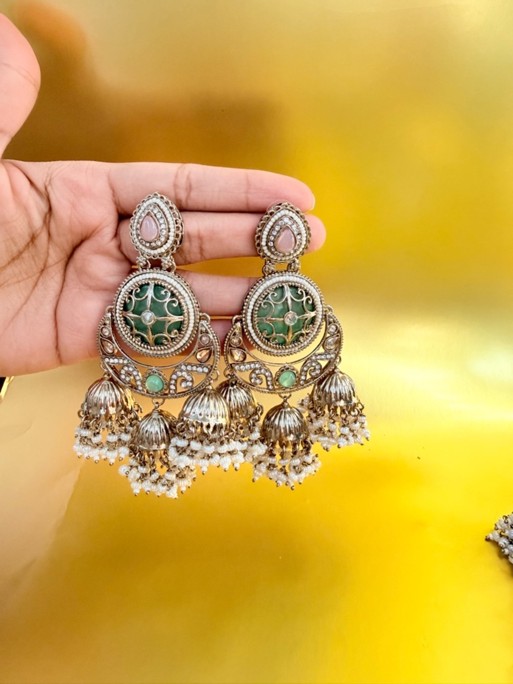Green and Gold Chandbali Jhumka Earrings - Women's Festive Jewelry